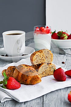 healthy breackfast for healthy Breakfast with delicious croissant and strawberries for early morning