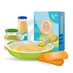 Healthy breakfast for baby with porridge and biscuits