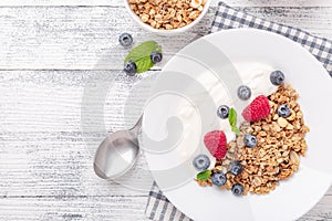 Healthy breakfast with baked granola and greek yogurt. Assorted fresh berries