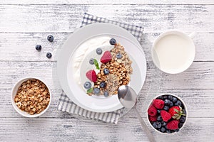 Healthy breakfast with baked granola and greek yogurt. Assorted fresh berries