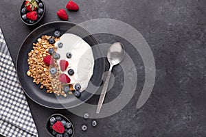 Healthy breakfast with baked granola and greek yogurt. Assorted fresh berries