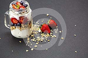 Healthy breakfast - blueberry and raspberry yogurt with granola