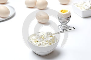 Healthy breakfast, boiled eggs and cottage cheese.Concept of nutritious food with calcium and protein