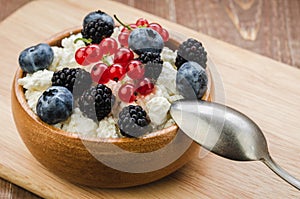 healthy breakfast: bowl of cottage cheese with fresh berries/ cottage cheese with fresh berries. Selective focus