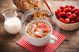 Healthy breakfast. Bowl of milk with granola.