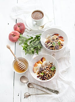 Healthy breakfast. Bowl of oat granola with yogurt