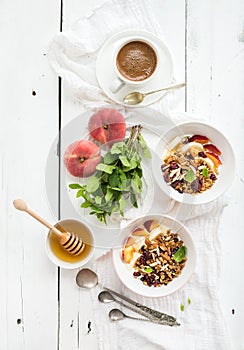Healthy breakfast. Bowl of oat granola with yogurt