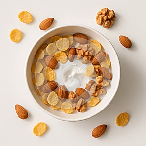 Healthy Breakfast Bowl: Yogurt with Corn Flakes, Almonds, and Walnuts AI-GENERATED