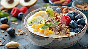 Healthy Breakfast Bowl with Yogurt, Kiwi, Mango, Blueberries, Raspberries, Granola, and Mixed Fruits and Nuts