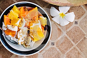 Healthy breakfast bowl with yogurt and tropic fruits