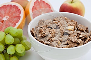Healthy breakfast of bran flakes and fruit