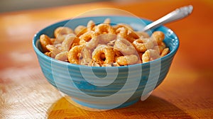 Healthy breakfast cereal in blue bowl with morning light