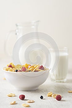 Healthy breakfast with cereal and blueberry and raspberry