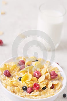 Healthy breakfast with cereal and blueberry and raspberry