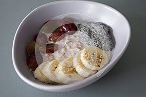 Healthy breakfast: cereal, grapes, and banana