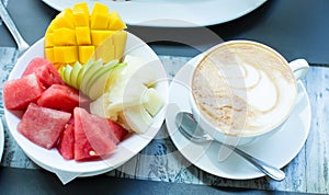 Healthy breakfast with coffee in sunny morning. Balanced diet.