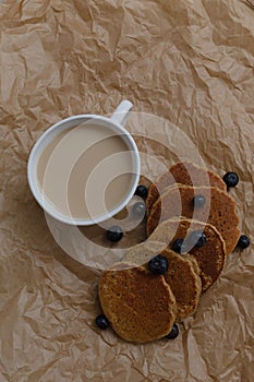 Healthy breakfast concept. Coffee latte with pancakes