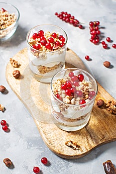 Healthy breakfast concept. Morning granola breakfast with berries served with yogurt in glasses