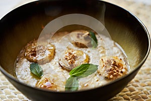 Healthy breakfast concept with oatmeal bowl and milk glass