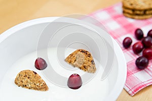 Healthy breakfast containing natural yogurt, wholemeal cereal biscuits and fresh cranberries