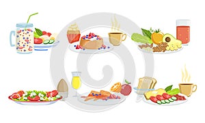 Healthy Breakfast Dishes Set, Classical Menu with Smoothie, Pancakes, Sandwiches, Fruits, Vegetables and Berries Vector