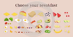 Healthy breakfast food icons collection. fruits and berries, nut