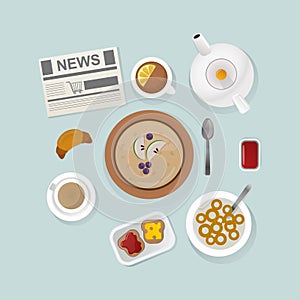 Healthy breakfast food top view vector illustration.