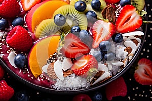 Healthy breakfast with fresh fruits and nuts, balanced diet nutrient-rich, close-up photography. Generative AI