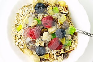 Healthy breakfast. Fresh granola, muesli with berries