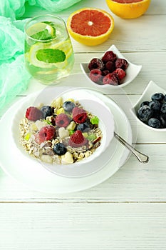 Healthy breakfast. Fresh granola, muesli with berries