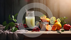 Healthy breakfast with fresh juice and fruits on wooden table