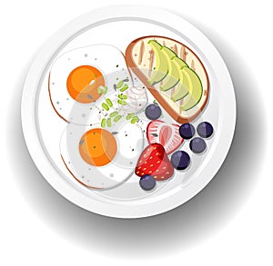 Healthy breakfast with fried egg and fruit and bread