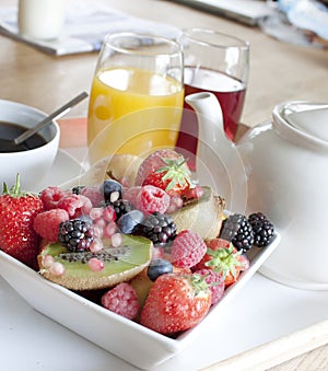 Healthy breakfast with fruit and juice