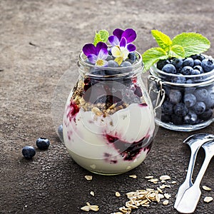 Healthy breakfast in a glass jar: yogurt, berry puree, whole grain cereal cereal, edible flowers, blueberries on a dark