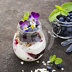 Healthy breakfast in a glass jar: yogurt, berry puree, whole grain cereal cereal, edible flowers, blueberries on a dark