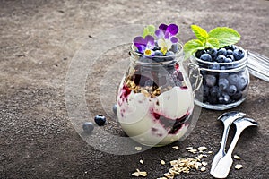 Healthy breakfast in a glass jar: yogurt, berry puree, whole grain cereal cereal, edible flowers, blueberries on a dark