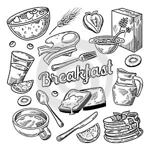 Healthy Breakfast Hand Drawn Doodle. Food and Drink Sketch. Cornflakes Pancakes Juice and Fruits