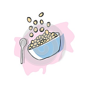 Healthy breakfast icon, cereal in the bowl with spoon illustration. hand drawn vector. high vitamin and calcium. doodle art for la