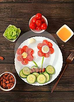 Healthy breakfast with ingredients, fun food for children, ideas for dish decoration, Healthy and natural food concept. Flower of