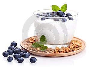 Healthy breakfast ingredients. Homemade granola in open glass jar, milk or yogurt bottle, blueberries and mint on white