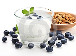 Healthy breakfast ingredients. Homemade granola in open glass jar, milk or yogurt bottle, blueberries and mint on white