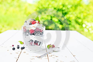 Healthy breakfast: layered dessrt yogurt parfait with fresh raspberries and black currant on wooden table over garden