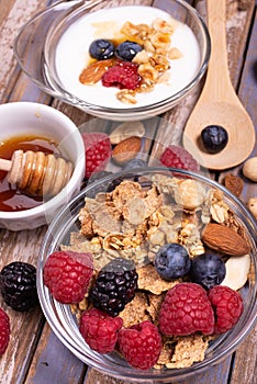 Healthy breakfast with low-fat yogurt, cereals, fresh berries, nuts and honey