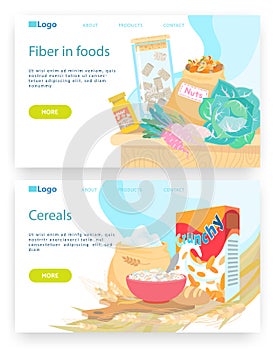 Healthy breakfast meal, bowl with cereals. Vegetables and nuts, fiber in food. Vector web site design template. Landing