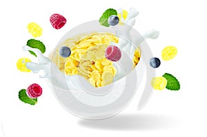 Healthy breakfast with milk, flying corn flakes, raspberries and