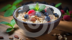 healthy breakfast with muesli and berries. Fresh granola, muesli with yogurt and berries. Close-up