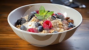 healthy breakfast with muesli and berries. Fresh granola, muesli with yogurt and berries. Close-up