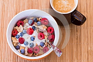 Healthy breakfast -muesli and coffee