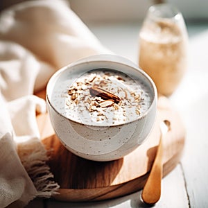 Healthy Breakfast: Oatmeal with Banana Almond Milk and Chia Seeds