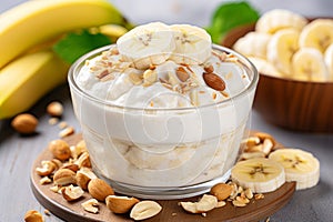 Healthy breakfast with oatmeal, bananas, and yogurt on sunlit morning table in cozy ambiance